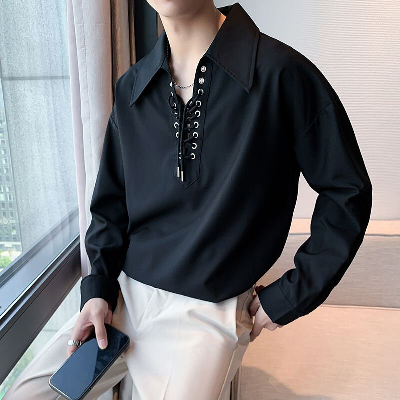 تصميم حزام الخامس الرقبة الرجال طويلة الأكمام تي شيرت الكورية موضة عادية Harajuku فاسق المتضخم القمم المحملة أسود أبيض مكتب مقابلة