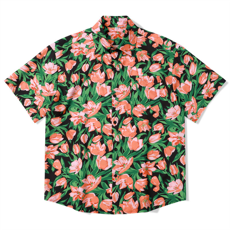 قميص رجالي قصير الأكمام مطبوع ، قميص شاطئ غير رسمي ، قميص زهور فضفاض ، موضة الموضة ، الصيف ،