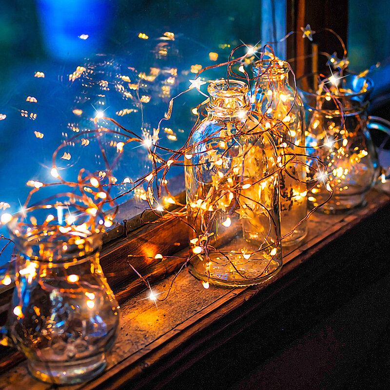 أسلاك نحاسية بطول 2/10 متر أضواء بمصابيح LED مزودة ببطارية USB أضواء خيالية جارلاند مقاومة للمياه في الأماكن المغلقة وفي الهواء الطلق زينة لحفلات الزفاف وأعراس الميلاد