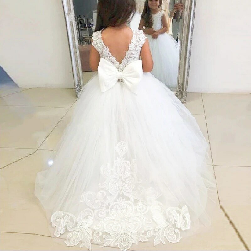 فستان فتاة الزهور طويل من الدانتيل فستان الأميرة للفتيات بلا أكمام أول مناولة فستان زفاف الطفل