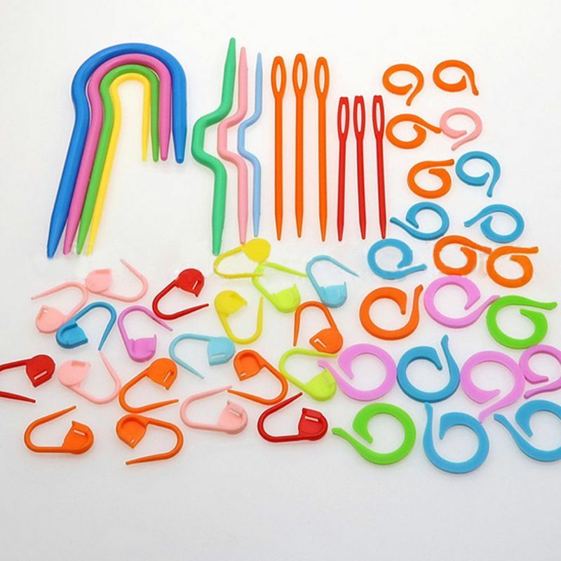 53 قطعة من خطافات الكروشيه البلاستيكية، مجموعة أدوات إبر الحياكة وعلامات الخياطة