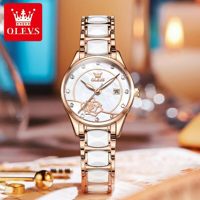 OLEVS-ساعات سيراميك نسائية ، ساعة يد كوارتز للسيدات ، حركة مستوردة ، علامة تجارية مشهورة ، فاخرة