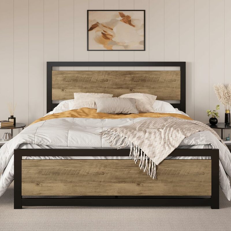 إطار سرير معدني كبير ، لوح أمامي خشبي ، دعم قوي ثقيل ، مساحة تخزين كبيرة ، صندوق زنبركي ، بني
