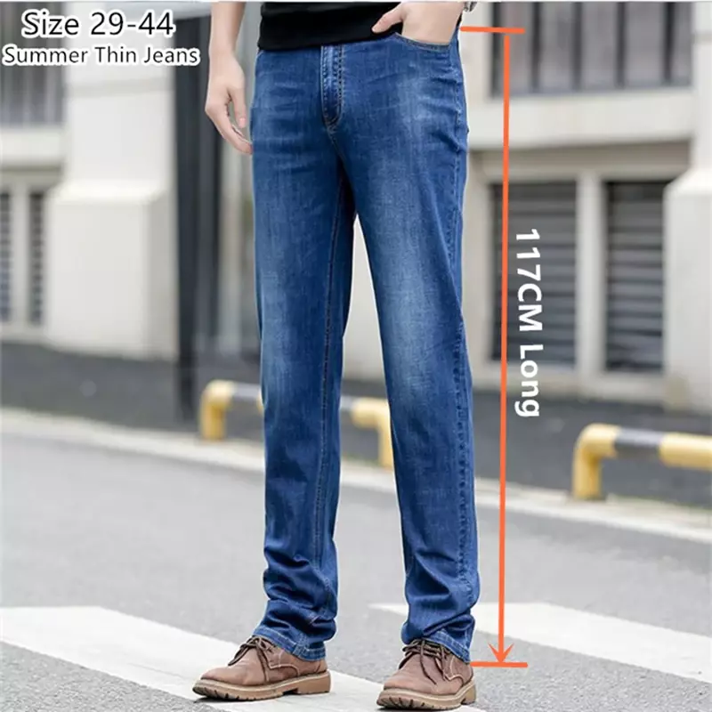 اضافية طويلة الصيف الجينز 117 سنتيمتر طويل القامة رجل رقيقة تمتد حجم كبير 40 42 44 المتضخم سليم صالح عالية الخصر الأزرق سراويل جينز