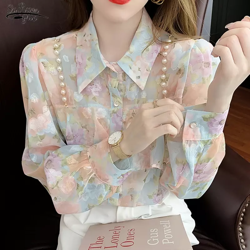 جديد الخريف حبة كشكش الشيفون الأزهار قميص المرأة أنيقة الطباعة طويلة الأكمام بلوزة مكتب ملابس كاجوال قميص فام 15908