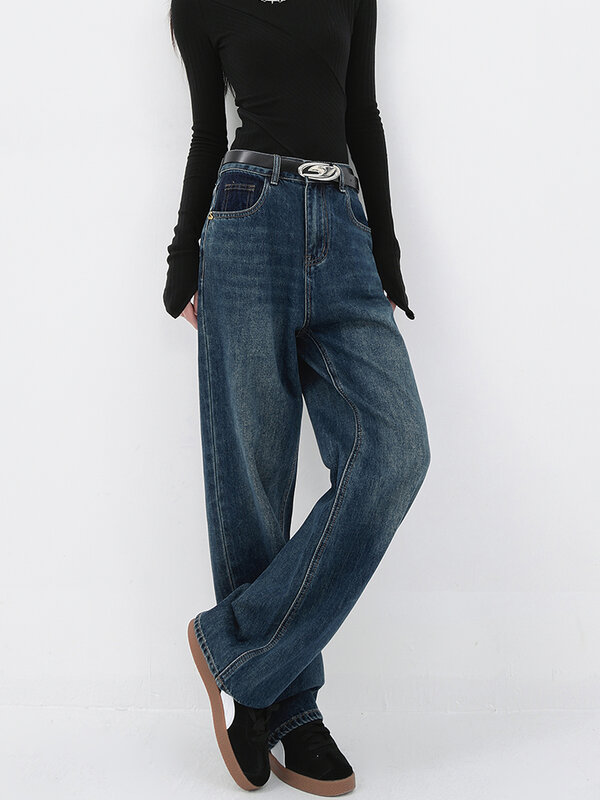 جينز نسائي واسع الساق فضفاض ، ملابس الشارع الكلاسيكية ، سراويل جينز مغسولة ، كاجوال ، بنطال طويل متعدد الاستخدامات ، الصيف ، جديد ، Y2k
