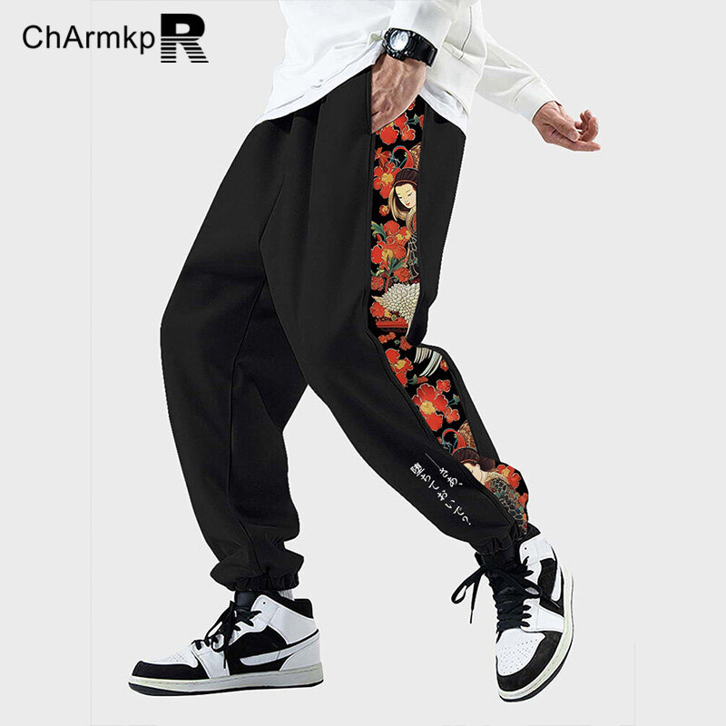 Charmkpr-بنطال رياضي رجالي كبير الحجم بطباعة زهرية جانبية ، بنطال مرقع فضفاض ، بنطال طويل ، ملابس الشارع ، الصيف ، الربيع ، والي