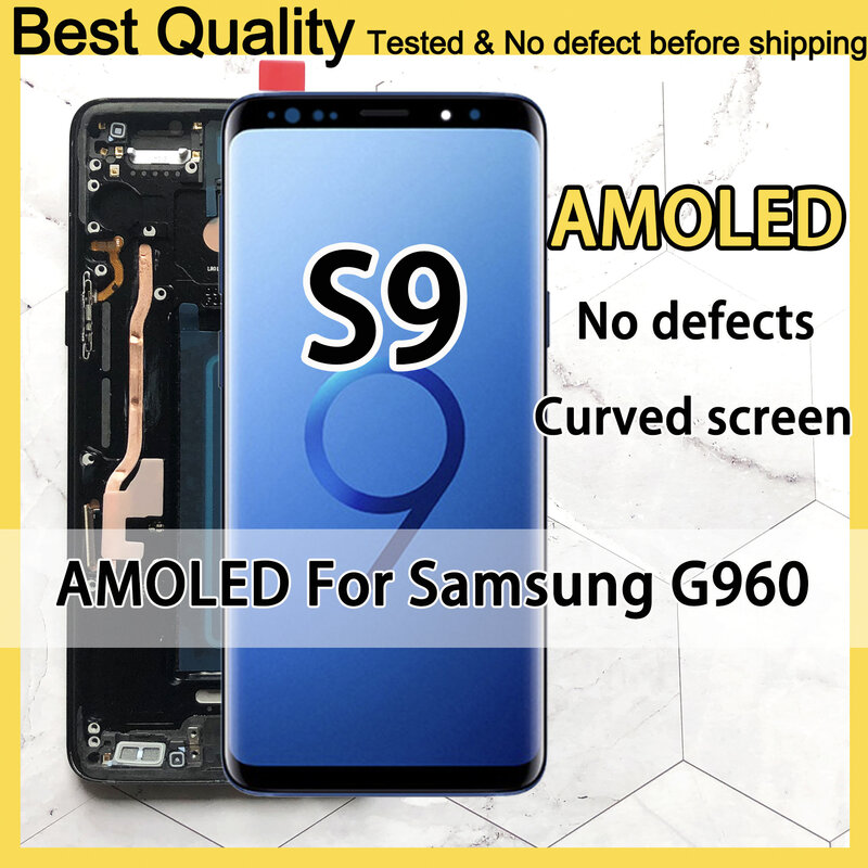 شاشة lcd بديلة من Amoled لسامسونج جالاكسي s9 ، محول رقمي بشاشة لمس منحنية بإطار g960n g9600 ، بدون ظل