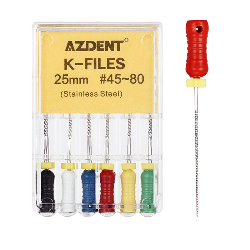 AZDENT-الفولاذ المقاوم للصدأ K-الملفات لقناة الجذر اللبية ، أدوات طبيب الأسنان ، أدوات مختبر الأسنان ، الاستخدام اليدوي ، 21 مللي متر ، 25 مللي متر ، 6 قطعة لكل صندوق