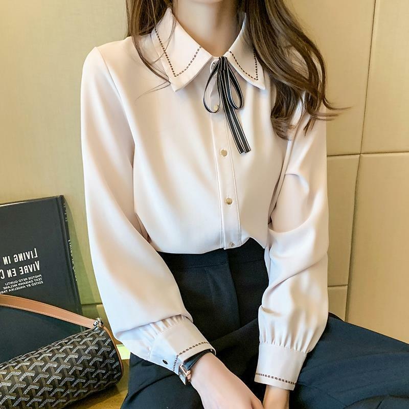 الكورية موضة التلبيب الدانتيل يصل زر قميص المرأة الملابس 2022 ربيع جديد مكتب سيدة عادية كم طويل الصلبة تخفيف بلوزة