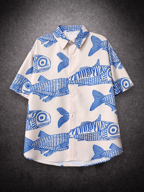 المتضخم النمط الأمريكي 2022 الصيف المقلية الشارع موضة الأسماك الصغيرة طباعة جديد شخصية رجالي قمصان غير رسمية