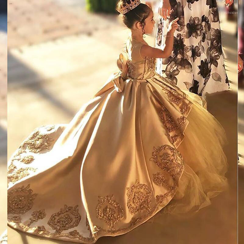 فساتين عالية الجودة للمناولة الأولى للأطفال فستان سهرة مزين بفيونكة ذهبية للفتيات فستان ستان تول فستان فتاة الزهور