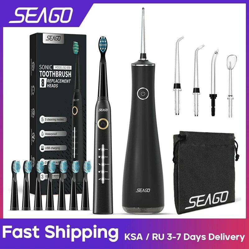 Seago-فرشاة الأسنان الكهربائية المحمولة ، منظف الأسنان ، المياه النفاثة ، دودة الحرير المياه الأسنان ، فرشاة سونيك ، 5 فوهات ، 8 قطعة رؤساء