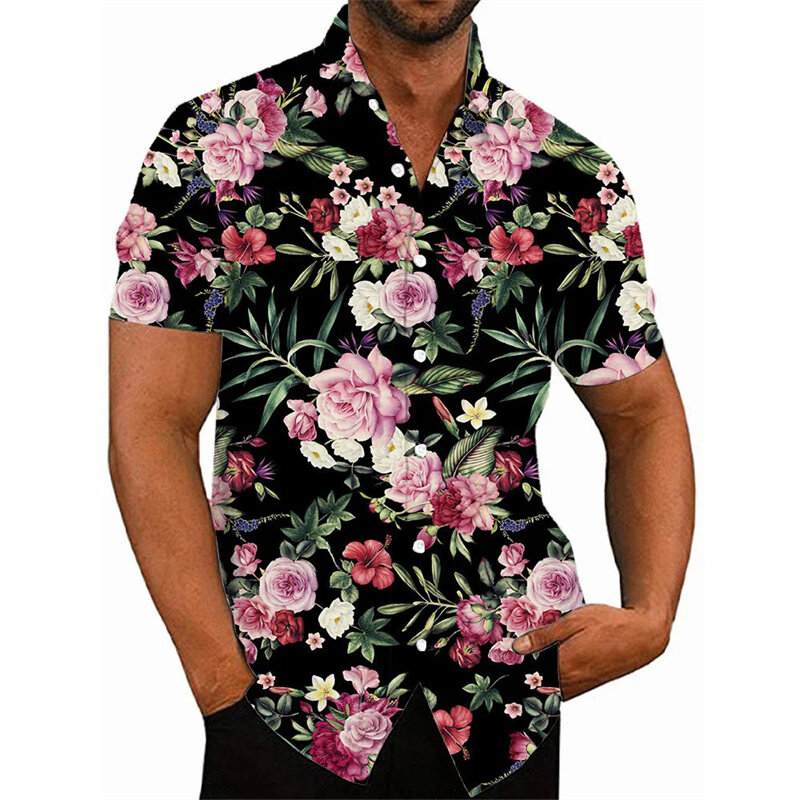 قميص شاطئ هاواي للرجال ، زهرة مطبوعة ثلاثية الأبعاد ، بلوزة مريحة ، أكمام قصيرة ، بلوزة ملابس الشارع ، موضة جديدة ، الصيف