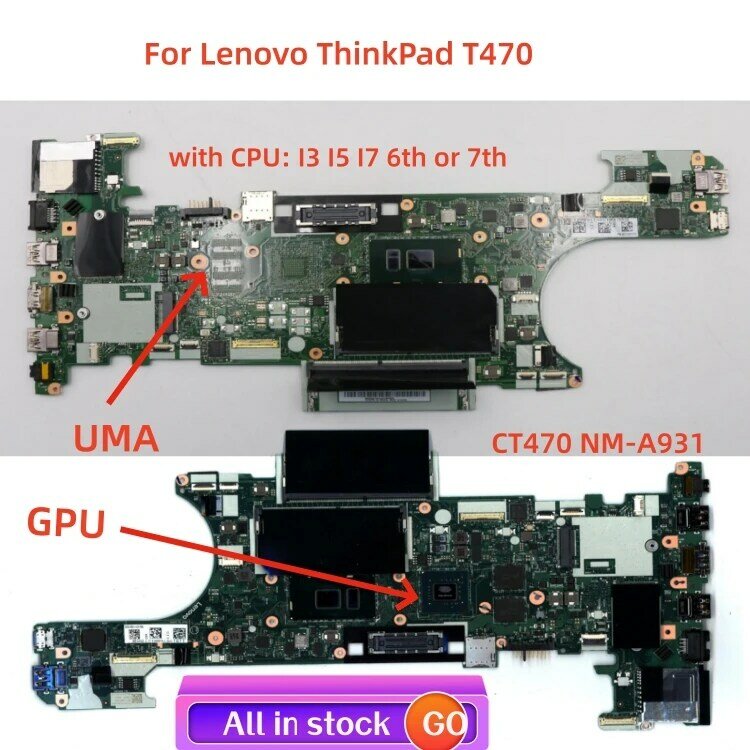 لاب توب لينوفو-ثينك باد T470 ، CT470 ، ، اللوحة الأم مع وحدة المعالجة المركزية ، I3 ، I5 ، I7 ، 6 ، 7 ، GPU GT940 ، عمل تم اختباره