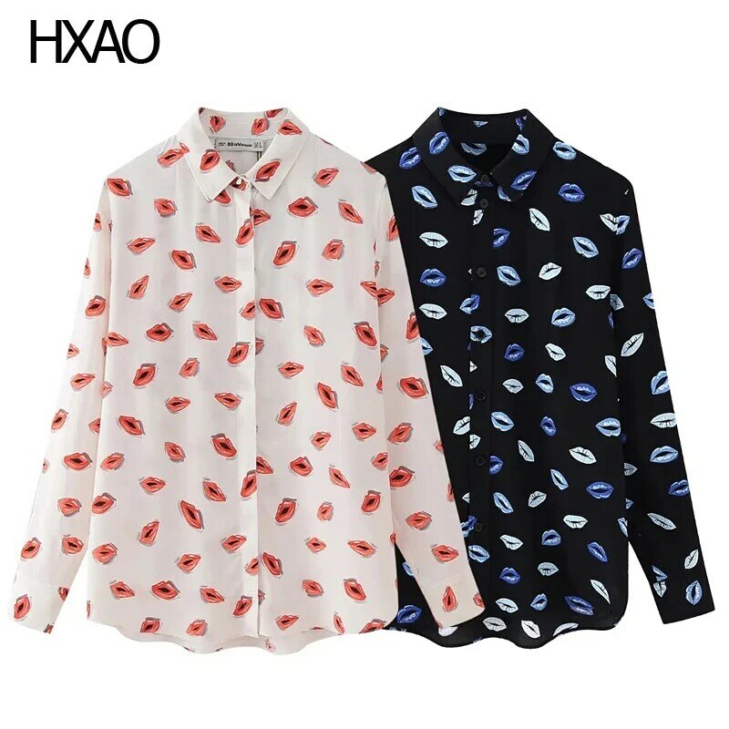 HXAO-قميص مطبوع بأكمام طويلة للنساء ، بلوزات أنيقة للسيدات ، ملابس علوية أنيقة للإناث ، الصيف ،