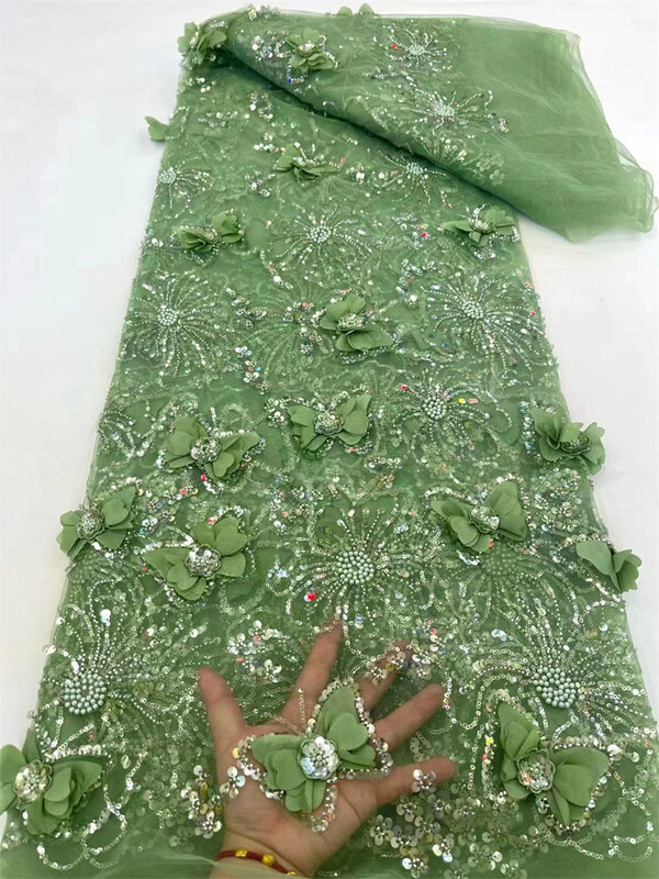 أقمشة دانتيل من الخرز الأفريقي مصنوع يدويًا ، أخضر رائع ، زهور ثلاثية الأبعاد ، ترتر نيجيري ، قماش دانتيل شبكي لفستان حفلات الزفاف ، فاخر