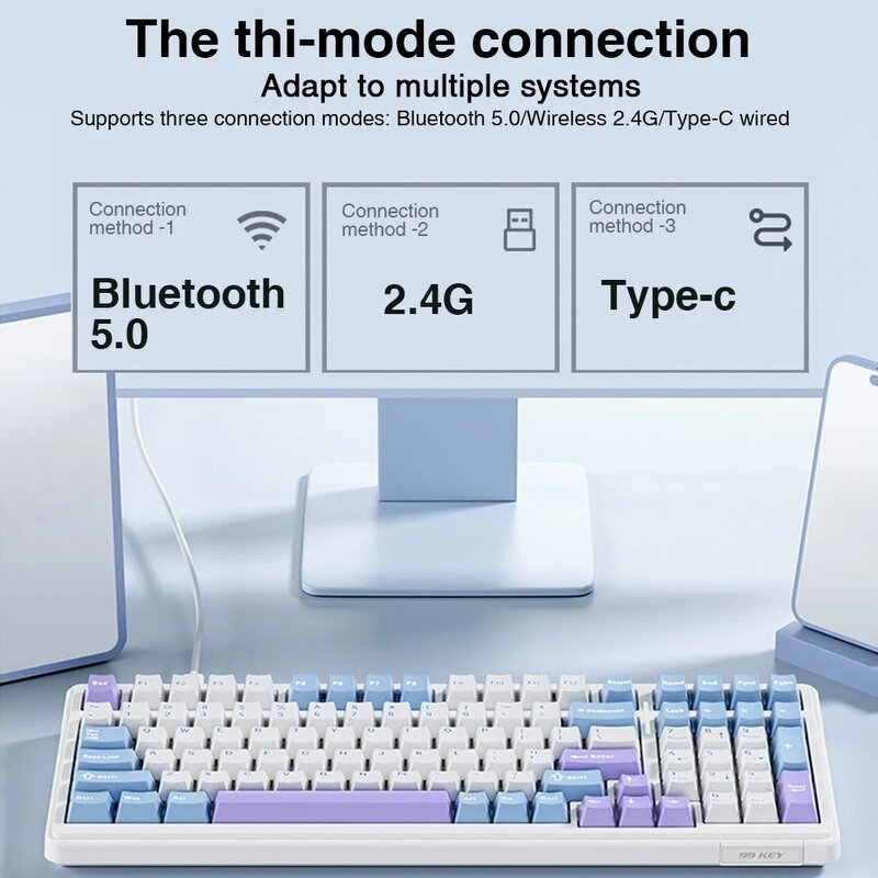 لوحة مفاتيح الألعاب الميكانيكية اللاسلكية ، سلكية ، مبادلة ساخنة ، حشية PBT ، RGB ، 3 وضع ، كمبيوتر محمول ، مناسب للكمبيوتر الشخصي ، ألعاب ، 99 مفتاح