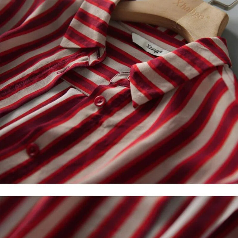 قمصان نسائية مخططة برقبة بولو ، صدر واحد ، ملابس علوية فضفاضة ، كم طويل ، بسيط ، متعدد الاستخدامات ، موضة على الطراز الفرنسي ، ربيع ، جديد
