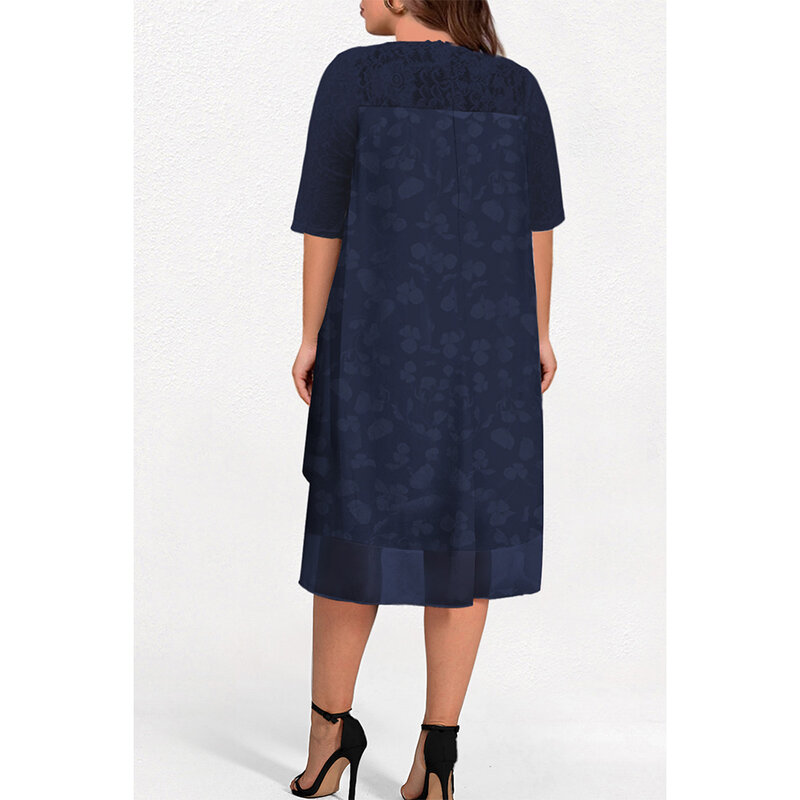مقاس كبير فستان متوسط الطول أزرق كحلي ، دانتيل شيفون ، طباعة زهور ، 2 في 1