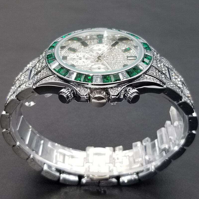 MISSFOX الهيب هوب التقويم ساعة للرجال Stylsih الجليد خارج الأخضر الماس الذكور الساعات التلقائي تاريخ مقاوم للماء ساعة اليد 2022 جديد