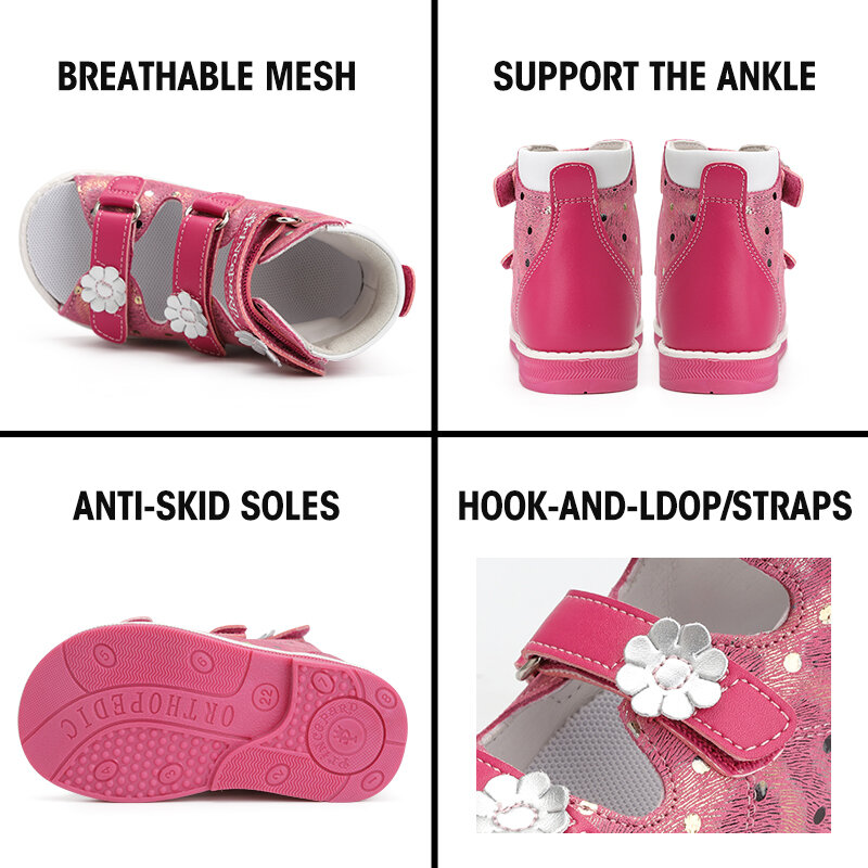 أحذية الأطفال التقويمية Princepard للبنات أحذية الأطفال التصحيحية ذات الظهر العالي والكاحل وقوس الدعم الإقران الوردي اللامع