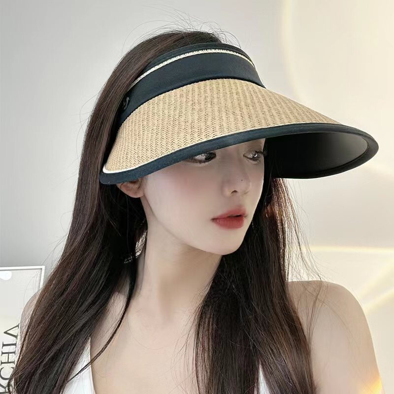 قبعة مطاطية سوداء للنساء ، حماية من أشعة الشمس فوق البنفسجية ، قابلة للطي ، حافة كبيرة ، قمة فارغة ، حبل مقاوم للرياح ، UPF50 Plus ، 12 * Brim ، الصيف