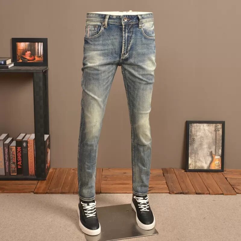 مصمم الازياء الرجال الجينز عالية الجودة ريترو الأصفر الأزرق تمتد سليم صالح ممزق جينز الرجال Vintage جينز غير رسمي Hombre