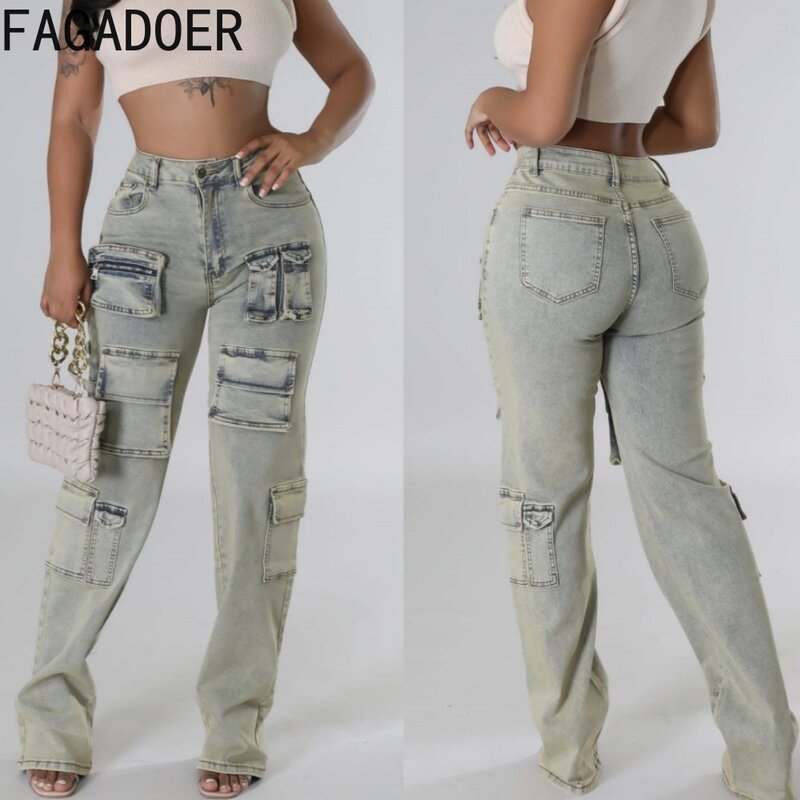 FAGADOER-سراويل جينز مرنة غير رسمية للنساء ، سراويل بضائع مغسولة ، جيب فاتح اللون ، سراويل رعاة البقر المطابقة للإناث ، جودة عالية