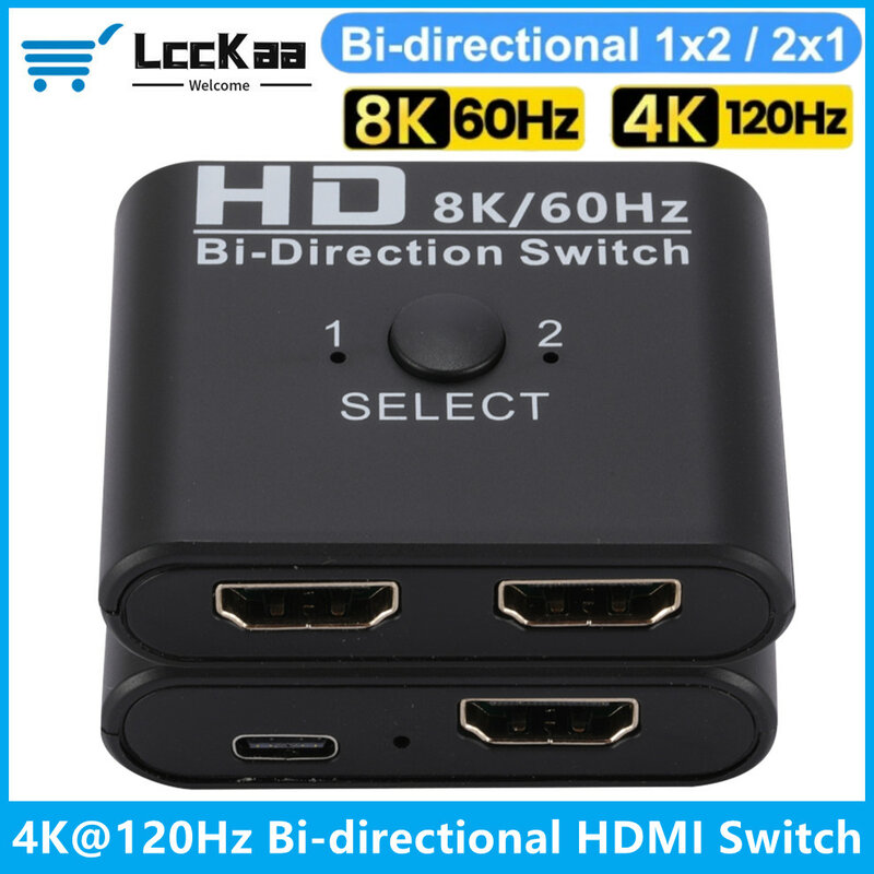 مقسم تبديل HDMI ثنائي الاتجاه ، محدد محول لصندوق التلفزيون ، جهاز عرض ، PS3 ، Xbox ، 8K ، 60Hz ، 1x2 ، 2x1 ، 2x1 ، 2-الطريق ، 4K ، وقي هرتز