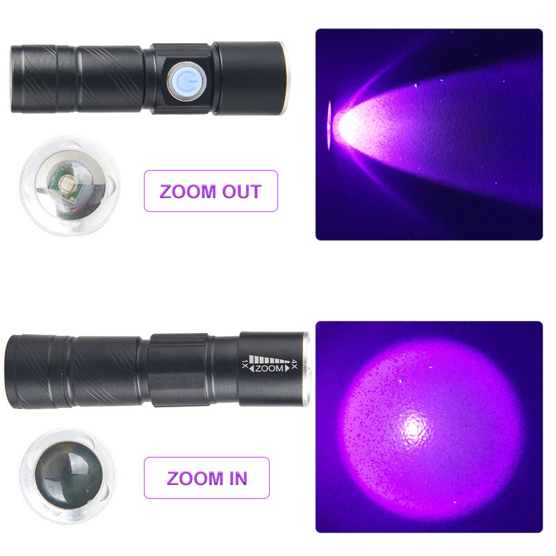 39nm الأشعة فوق البنفسجية مصباح USB قابلة للشحن الأشعة فوق البنفسجية مصباح يدوي 3 وضع قوية صغيرة الأشعة فوق البنفسجية LED الشعلة تلسكوبي التكبير الأشعة فوق البنفسجية ضوء Blacklight