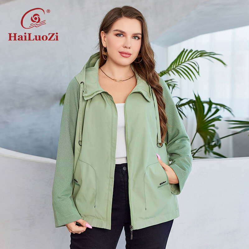 HaiLuoZi-معطف واق من المطر للنساء ، سترة قصيرة أحادية اللون ، جيب مائل ، ملابس خارجية للسيدات ، مقاس كبير ، 729 ، جديد ، خريف ، 2023