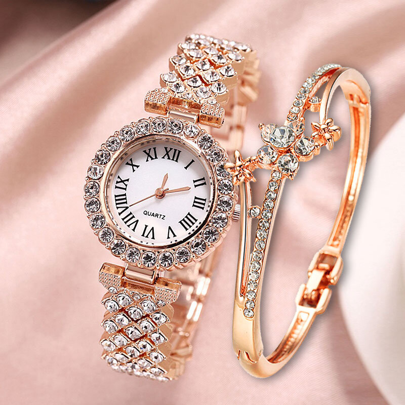 فاخر الذهبي المرأة ساعة الزهور موضة السيدات كوارتز الماس ساعة اليد أنيقة الإناث ساعات يد 2 قطعة مجموعة Reloj Mujer