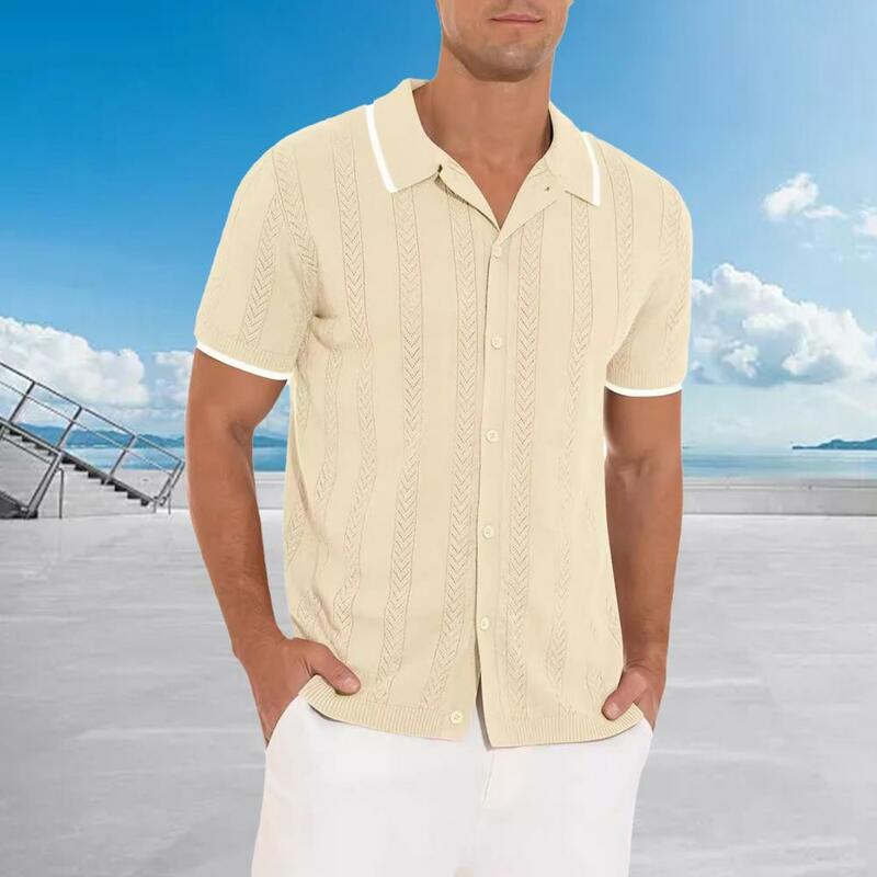 قميص رجالي كلاسيكي مجوف محبوك ، قميص كارديجان مع ياقة مطوية ، أكمام قصيرة للارتداء ، الصيف