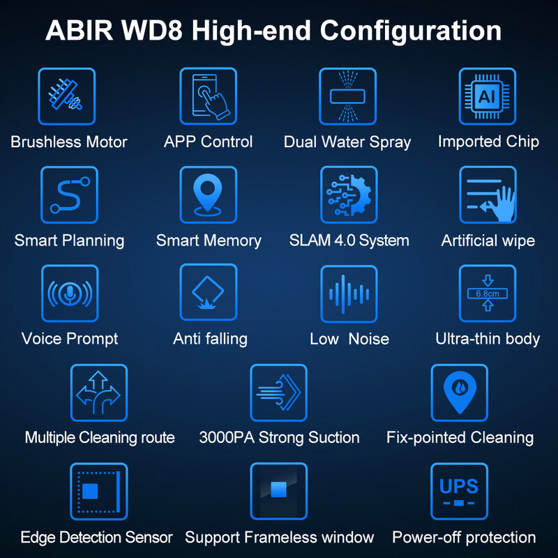 ABIR WD8 منظف نافذة الروبوت ، رذاذ الماء المزدوج ، الذاكرة الذكية ، شفط الفراغ العالي ، مستشعر الليزر ، روبوت تنظيف زجاجي في المنزل ، التحكم في التطبيق