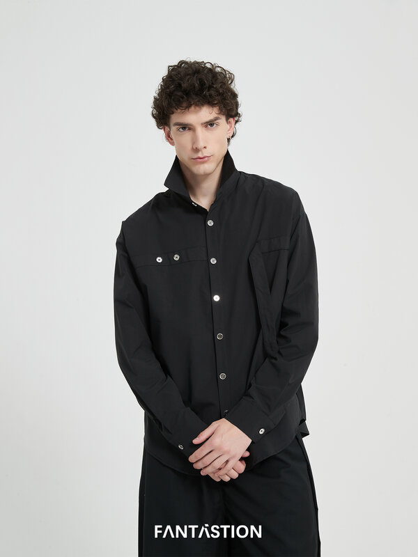 فانتاستيون-قمصان سوداء فضفاضة للرجال مع مشبك ، شريط مربوط ، فاخر خفيف ، تصميم أصلي ، ملابس رجالية