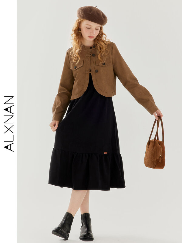 بدلة جاكيت جلدي عتيق للنساء من ALXNAN ، فستان بحمالات ، تصميم قصير ، بيع منفصل ، TM00603 ، الخريف ، الشتاء ،