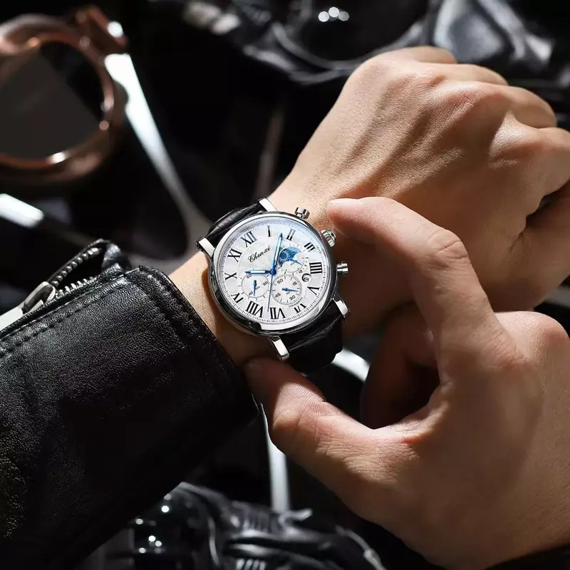رجال الأعمال الفاخرة الساعات متعددة الوظائف كرونوغراف العلامة التجارية الأعلى جلد طبيعي عادية ريترو كوارتز ساعة اليد الذكور هدية