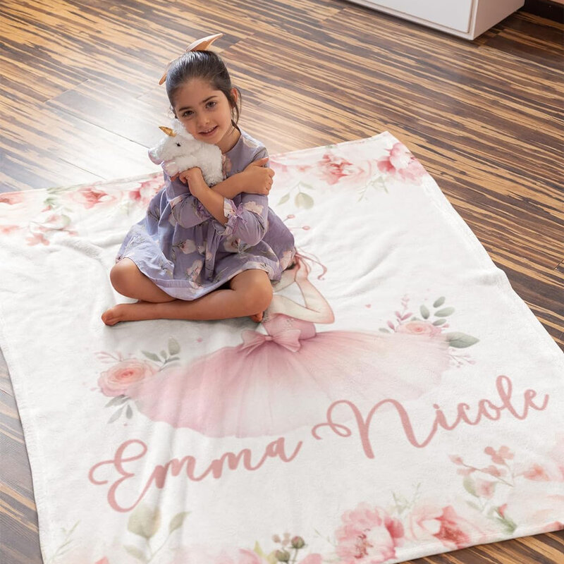 بطانية فتاة صغيرة شخصية ، موضوع الباليه الوردي ، طباعة زهرة لينة ، هدية الأطفال