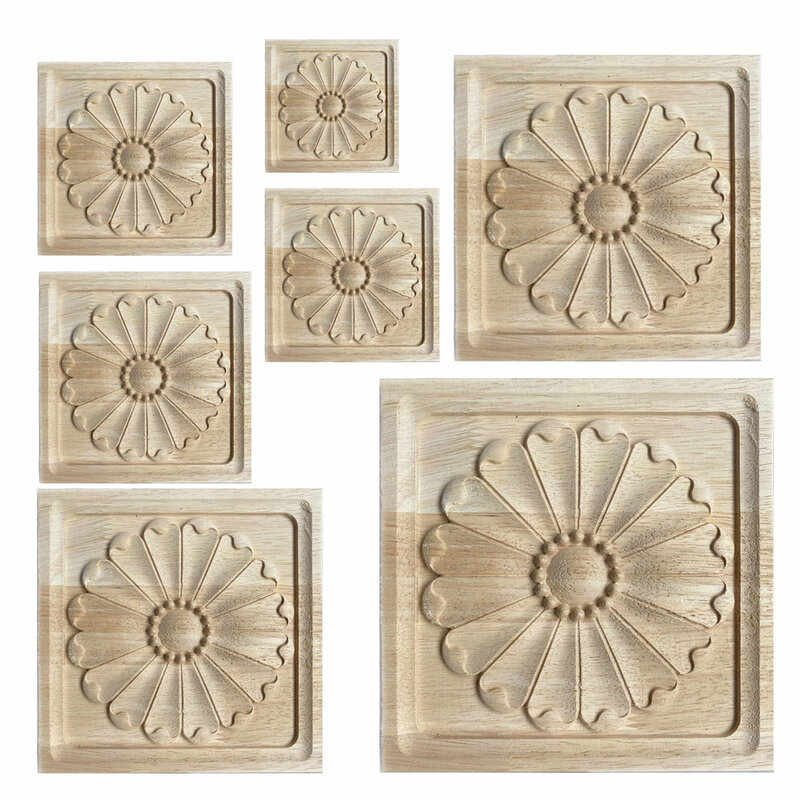 6-28CM Vintage Pattern Carved Onlay Applique Home Decoration Accessories Decor Solid Wood Engraved Square Decorative Flowers