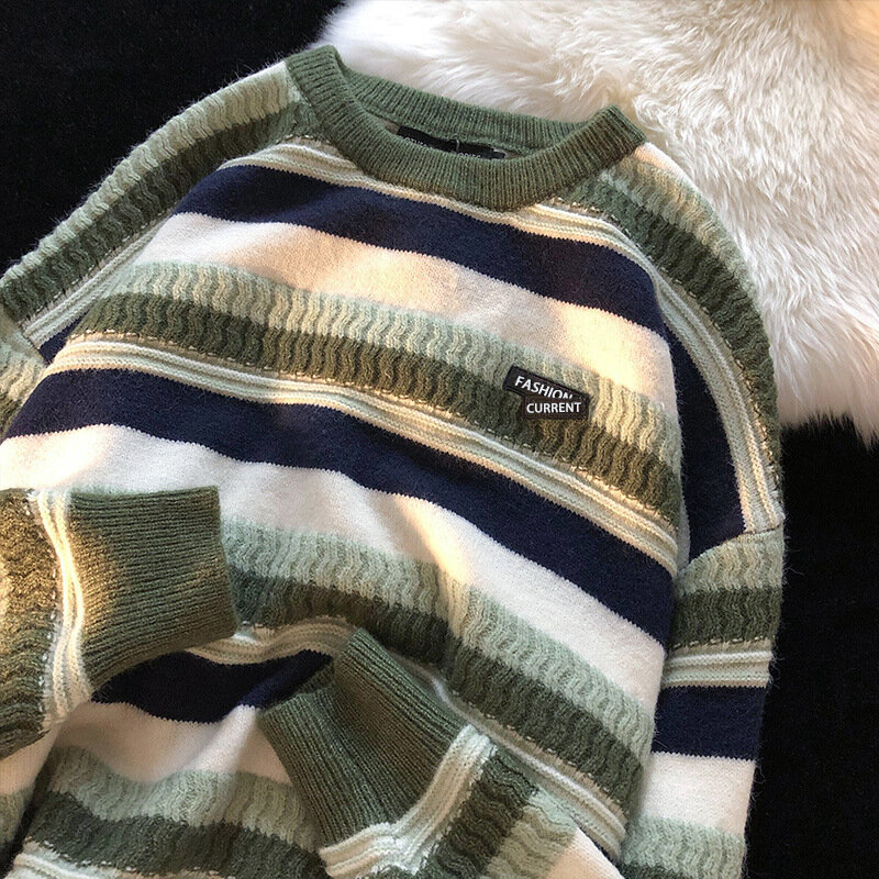 2023Autumn Winter Knit Sweater Male Preppy Style Men Sweaters Striped Vintage Pullovers Causal Harajuku All-match Men's Clothing