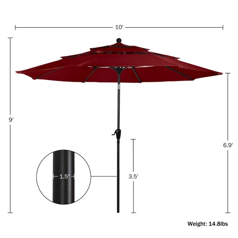 مظلة فناء مع زر ضغط وإمالة ، 3 طبقات ظلة ، من السهل فتح كرنك ، مظلة في الهواء الطلق لسطح السفينة ، ساحة ، بركة ، 10 قدم