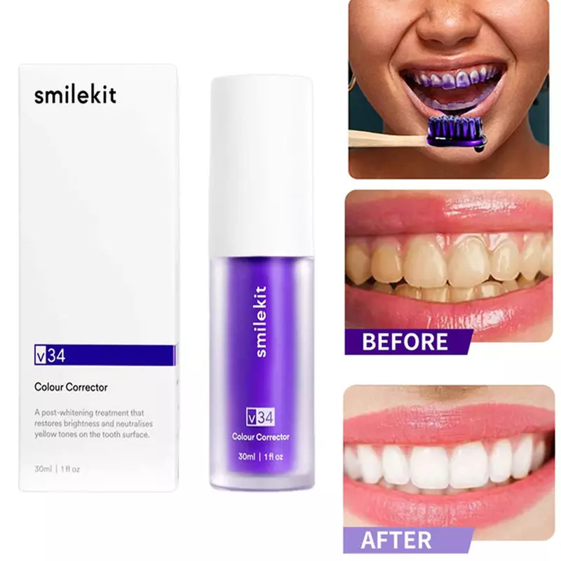 SMILEKIT-معجون أسنان مبيض أرجواني ، إزالة البقع ، تقليل الاصفرار ، العناية بلثة الأسنان ، تفتيح رائحة الفم الطازجة ، 30: 50: V34