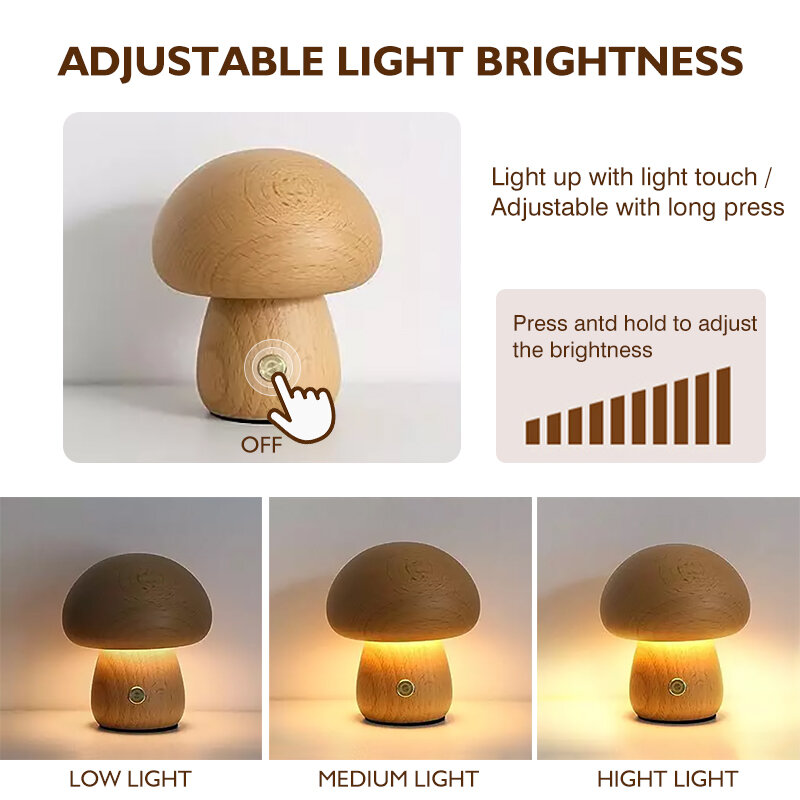 ضوء ليلي من فطر خشبي LED ، مصباح جانبي قابل للتخسيس محمول مع شحن USB ، مصباح طاولة فطر لطيف لديكور المنزل
