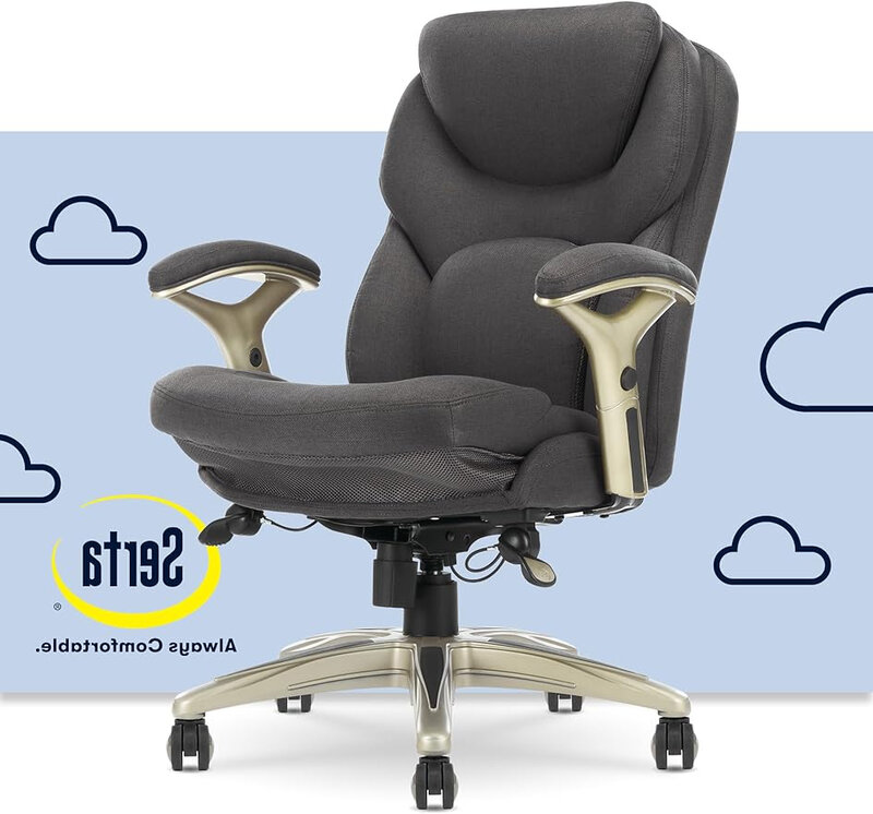 كرسي مكتب تنفيذي مريح من Serta ، تقنية الحركة ، تصميم منتصف الظهر قابل للتعديل ، دعامة قطنية ، قماش رمادي غامق