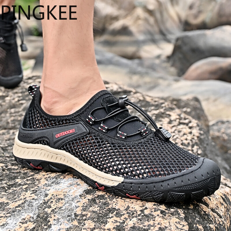 PINGKEY-أحذية بنجي بقفل شبكي للرجال ، أحذية رياضية مستديرة من الأمام ، رحلات درب ، حقائب الظهر ، المشي لمسافات طويلة ، الجلد ، الخوض في الخوض
