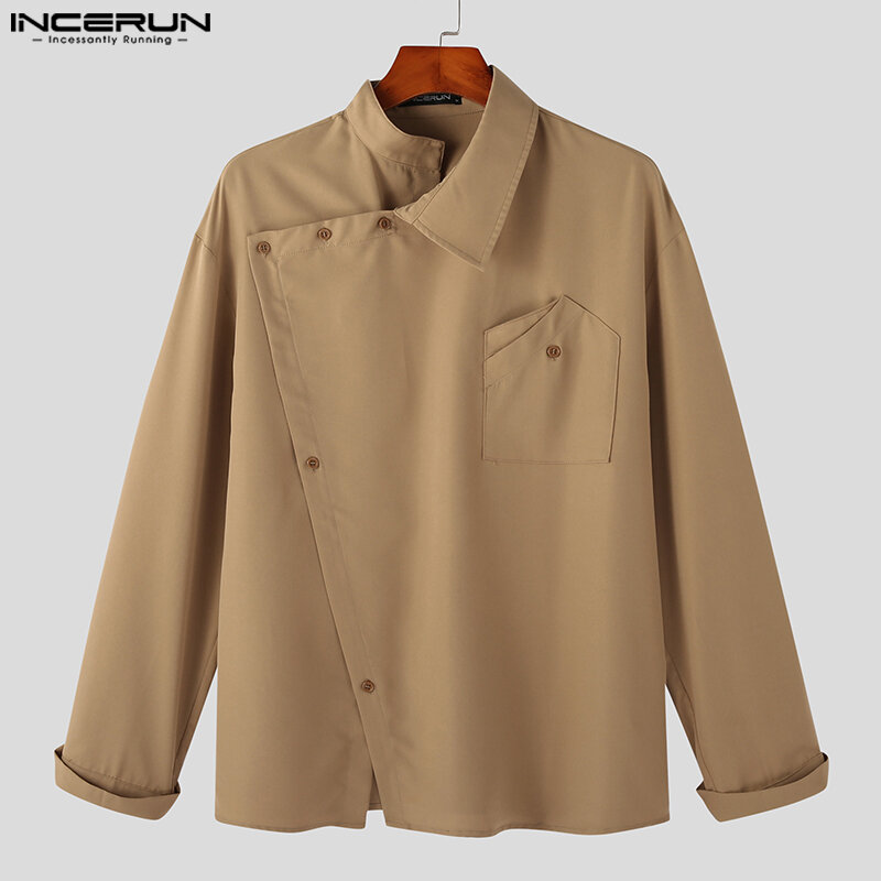 INCERUN-قميص رجالي بياقة ثابتة أحادية اللون غير منتظمة ، قميص فضفاض بأكمام طويلة ، ملابس رجالي غير رسمية ، ملابس خروج عصرية ، 2023