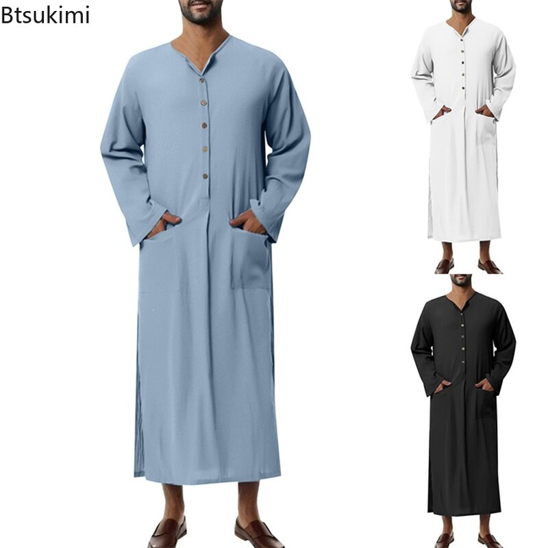 ثوب رجالي غير رسمي بأزرار لأسفل ، أرواب عصرية إسلامية ، عرقية ، ياقة هنري ، أكمام طويلة ، لون واحد ، إسلامية ، عربية ، دبي ، جبة ، جديدة ،