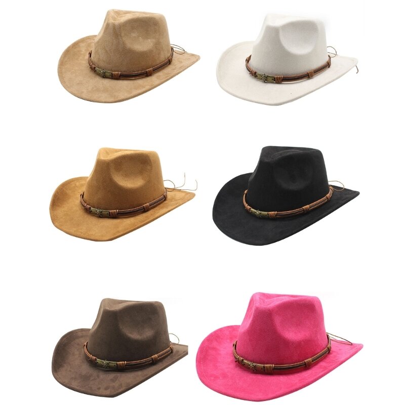 قبعة رعاة البقر الغربية ذات حافة منحنية كبيرة مضادة للشمس مع حبل قبعة على الطراز العرقي