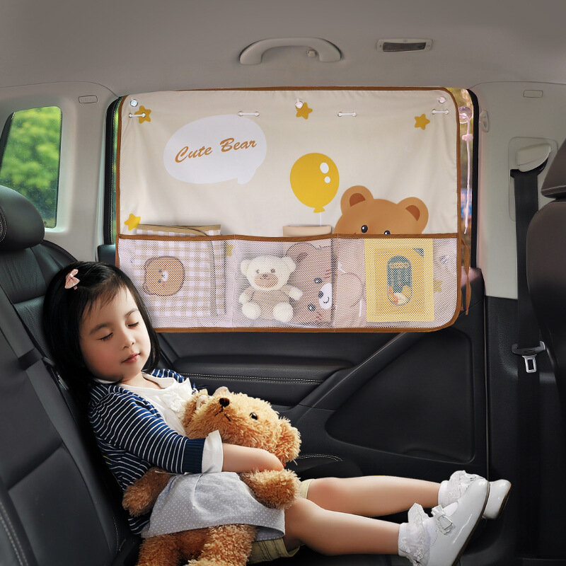 ستارة نافذة السيارة مع حقيبة تخزين للأطفال ، دب كرتون ، مظلة أرنب ، حماية من الشمس ، ستائر عازلة ، مقعد سيارة